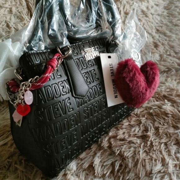Steve Madden Black Embossed Satchel with Red Charm - Picture 3 of 4
